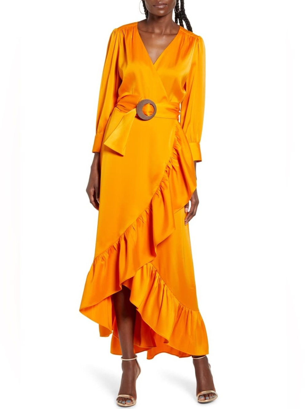 Wayf Orange Satin High-Low Wrap Dress with Statement Buckle